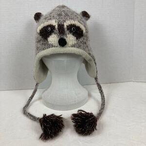 Delux Raccoon Beanie Knit Hat Gray Wool Blend Ear Flaps Lined  Pom Poms Nepal
